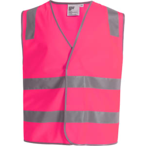 A bright pink safety vest featuring silver reflective tapes, designed for high visibility. It has a simple, open-front design.