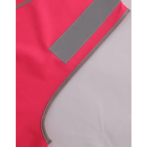 A bright pink safety vest featuring reflective shoulder tapes and contrasting grey edging. It includes a logo.