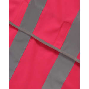 A pink safety vest featuring grey reflective shoulder tapes, designed for visibility and safety.