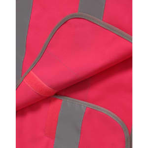 A high visibility safety vest in pink with grey shoulder reflective tapes, featuring a trim along the edges.