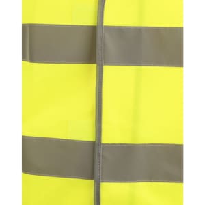 A bright yellow safety vest featuring grey shoulder reflective tapes and a logo.