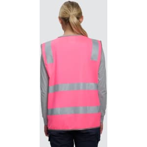 A pink safety vest featuring grey reflective stripes and a logo. Ideal for high-visibility safety wear.