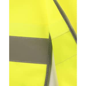 A bright yellow safety vest featuring grey shoulder reflective tapes and a logo. Suitable for high visibility in safety wear.