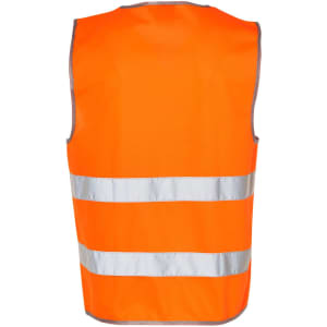 An orange safety vest featuring reflective tapes, designed for visibility and safety. The vest has a logo.