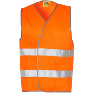 An orange safety vest featuring reflective silver tapes, suitable for visibility in various environments.