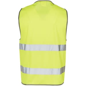 A bright yellow safety vest with reflective tapes along the front and back, featuring a simple design and no sleeves.