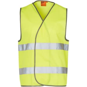A bright yellow safety vest featuring reflective silver stripes and a logo. Suitable for safety wear and uniforms.