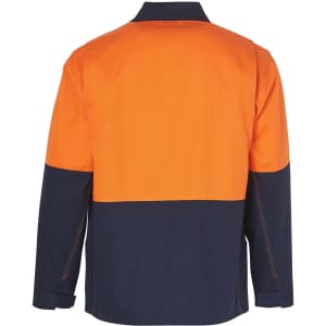 A Hi-Vis two-tone work jacket with an orange upper section and navy lower section, featuring a logo on the front.