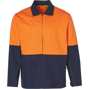 A two-tone work jacket featuring orange and navy blue colours, with a collar and front zip. It has pockets and a logo.