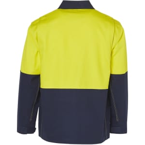A Hi-Vis two-tone work jacket in bright yellow and navy blue, featuring a logo on the back.