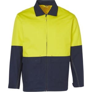 A Hi-Vis two-tone work jacket in fluorescent yellow and navy, featuring a front zipper and pockets.