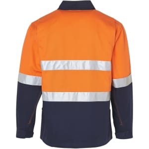 A Hi-Vis two-tone work jacket in orange and navy with reflective 3M tapes and a logo on the back.