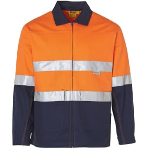 Hi-Vis two-tone work jacket in orange and navy, featuring 3M reflective tape and a logo.