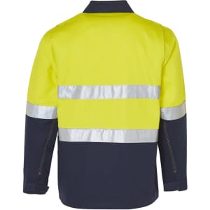 A hi-vis two-tone work jacket in bright yellow and navy, featuring reflective 3M tape for safety. It has a logo.