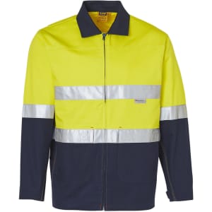 A high-visibility two-tone work jacket in bright yellow and navy, featuring reflective 3M tapes and a logo.