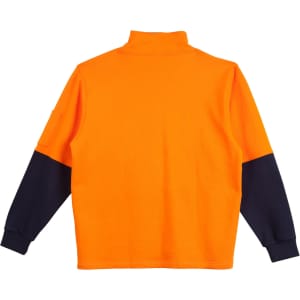 A bright orange and navy two-tone cotton fleecy sweatshirt featuring a high collar and long sleeves.