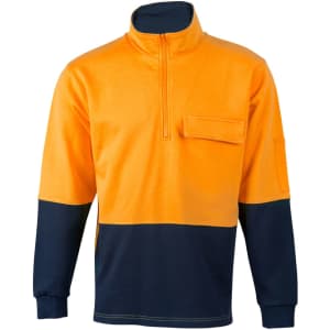 A Hi-Vis two-tone cotton fleecy sweatshirt in orange and navy, featuring a zip neck and a front pocket.