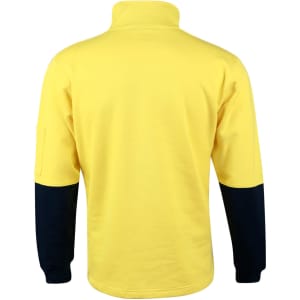 A Hi-Vis two-tone fleecy jumper featuring a yellow body and navy blue sleeves, with a collar and a branded logo.