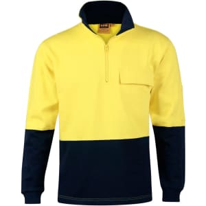 A Hi-Vis two-tone cotton fleecy sweat in bright yellow and navy, featuring a zip collar and a chest pocket.