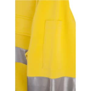 A bright yellow fleece jumper featuring reflective 3M tape and a pocket design. It has a logo on the garment.