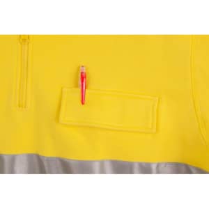 A bright yellow fleece jumper featuring silver accents and a pen pocket. Includes a logo on the fabric.