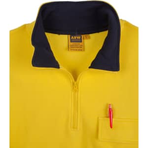 A yellow fleecy sweatshirt with a navy collar and a pocket featuring a pen. It includes 3M reflective tapes.