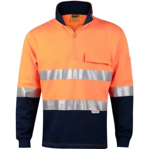 Hi-vis two-tone orange and navy fleecy jumper with reflective 3M tapes and a zip collar. Features a pocket on the chest.