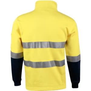 A yellow and navy two-tone fleece jumper featuring reflective 3M tape, with a back view. It has a logo.