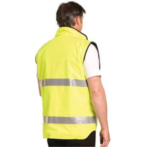 A reversible safety vest in high-visibility yellow with 3M reflective tape, featuring a mandarine collar and no logo visible.