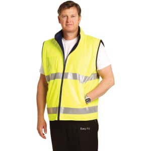 Hi-Vis reversible safety vest in fluorescent yellow featuring reflective 3M tapes, with a mandarine collar design.