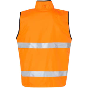 A safety vest in bright orange with reflective silver strips, featuring a reversible mandarine collar and branding.