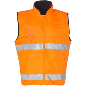 Hi-Vis reversible safety vest in orange with reflective 3M tape and a zip front, featuring a pocket and a logo.