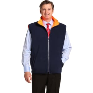 A navy blue reversible safety vest with an orange collar, featuring 3M reflective tape and a zip closure.
