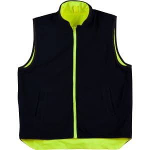 Reversible safety vest in black and high-visibility yellow, featuring a mandarine collar and pockets.