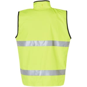 A Hi-Vis yellow reversible safety vest featuring 3M reflective tape, designed for safety wear.