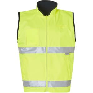 A fluorescent yellow reversible safety vest with a mandarine collar and reflective 3M tape detailing, featuring a pocket.