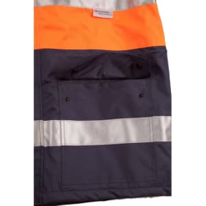 A hi-vis long line safety jacket in orange and navy, featuring reflective 3M tapes and a front pocket with buttons.