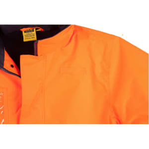 An orange Hi-Vis long line safety jacket featuring 3M reflective tapes and a collar, with a branded tag visible.