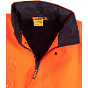 A Hi-Vis long line safety jacket in bright orange with a black inner collar and a zippered front. It features reflective 3M tapes.