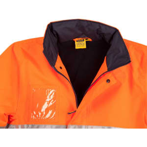 Hi-Vis long line safety jacket in bright orange with reflective 3M tape accents and a dark collar. Features a logo.