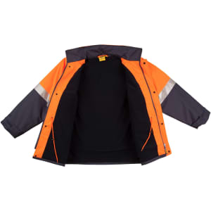 A Hi-Vis long line safety jacket in orange and grey, featuring reflective 3M tape and an open design.