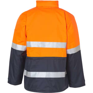 A high-visibility long line safety jacket in orange and navy, featuring reflective 3M tape stripes. It has a logo.