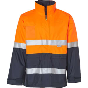 A bright orange and navy safety jacket featuring reflective 3M tapes and multiple pockets. It has a brand logo.
