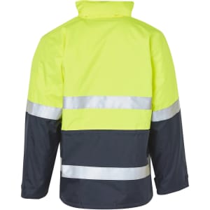 A high-visibility long line safety jacket in bright yellow and navy, featuring reflective 3M tape.