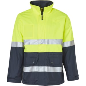 A Hi-Vis long line safety jacket in bright yellow and navy, featuring reflective 3M tapes and a zip front.