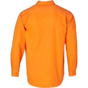 A long-sleeved drill shirt in bright orange, featuring a button-down collar and buttoned cuffs. Includes a brand logo.