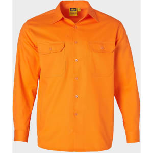 Men's long-sleeve drill shirt in bright orange, featuring two front pockets and a collar. Includes a logo.