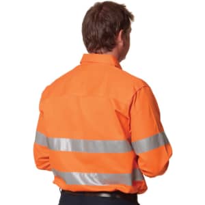 A bright orange long-sleeve drill shirt with reflective 3M tape stripes, featuring a logo on the back.