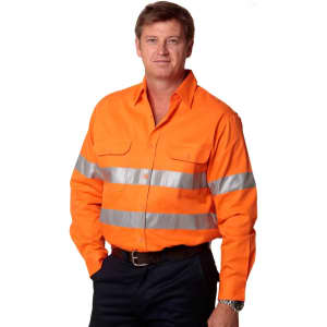 An orange long-sleeved drill shirt featuring reflective 3M tape stripes, designed for safety wear.