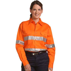 Men's long-sleeve drill shirt in bright orange with reflective 3M tape, featuring two chest pockets and a logo.